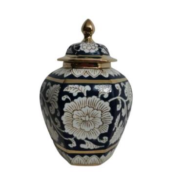 Imagem de Potiche Menor Porcelana Florais c Puxador Dourado Formosa - LUXdecor C