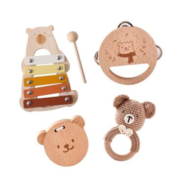 Imagem de YIJU 5Pcs Brinquedos de Madeira Do Bebê Atividades Chocalho de Madeira Set Brinquedos de Madeira para Bebês 0-6 Meses Bebê Chocalhos Meninos Meninas, Conjunto Urso Bege