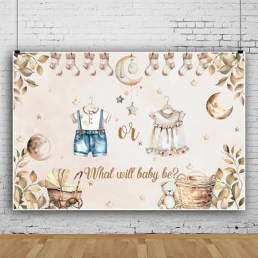 Imagem de Pano de fundo bege creme revelador de gênero com ramos folhas de eucalipto O que nosso bebê será menino ou menina, fundos para chá de bebê recém-nascido, adereços de cabine fotográfica, 3 x 2 m