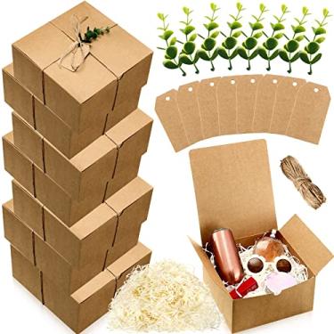 Imagem de Crtiin Conjunto de 26 caixas de presente de madrinha de casamento, papel kraft, folhas de eucalipto, corda de enchimento de papel para presente de aniversário (20 x 20 x 10 cm, Kraft, branco)