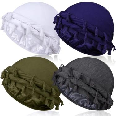 Imagem de MLTUARG 4 peças de turbante forrado de cetim para homens, turbante halo, turbante masculino, cachecol de cabeça para cabelo, Oliveira + azul marinho + cinza escuro + branco, 1 Count (Pack of 4)