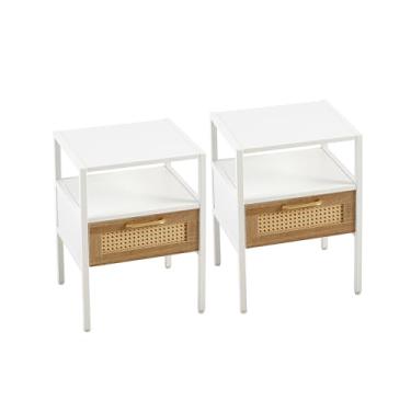 Imagem de Conjunto de 2 criado-mudo de vime, mesa de canto de vime de 40 cm, mesa de canto de cana com gaveta, mesa de cabeceira lateral de madeira de vime com pernas de madeira maciça, mesa lateral pequena de