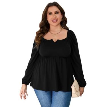 Imagem de Camisetas femininas plus size casuais gola quadrada manga bufante cintura império peplum tops plus size babydoll blusa túnica tops, Blackq, GG