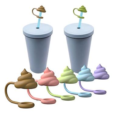 Imagem de 5 peças de capa de canudo de 1 cm para Stanley Cup, protetor à prova de poeira, tampa de canudo de cocô macia e engraçada, tampa de cobertura de palha de silicone bonito topo de palha compatível com