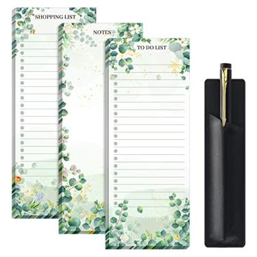 Imagem de Epakh 3 conjuntos de blocos de notas magnéticos, bloco de notas magnético, bloco de notas de geladeira de supermercado, bloco de notas com suporte de caneta de couro PU, 7 x 19 cm (folha de eucalipto)