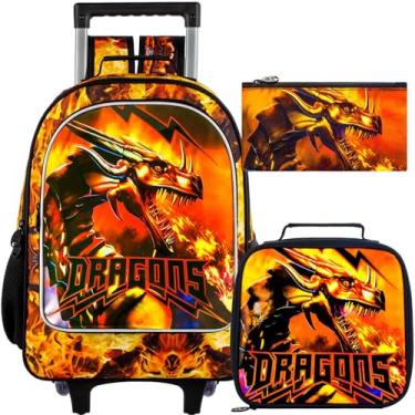 Imagem de ZLYERT Mochila com rodinhas para meninas e meninos, mochila escolar com rodinhas de unicórnio com rodas, mochila infantil com lancheira, Dragão laranja 01, One Size