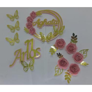 Imagem de Topo de Bolo idades personalizado flores e borboletas - MIWL ART