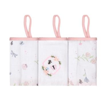 Imagem de Kit 3 Paninhos De Boca Bebê Soft Bordado Com Prendedor Chupeta 25x25cm