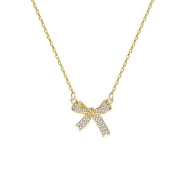 Imagem de NORLSO Colar de laço para mulheres meninas strass laço fita pingente colar ouro prata laço corrente colar para mulheres meninas joias presente, Zinco, Sem Pedra Preciosa