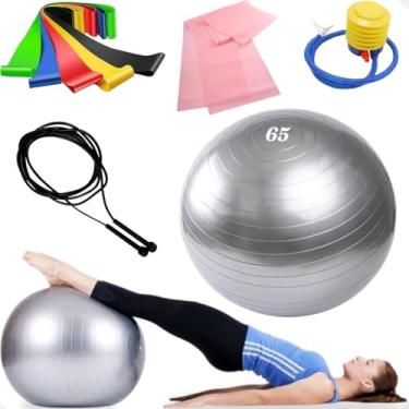 Imagem de Bola de Pilates Suiça 65cm com bomba Yoga Ginastica + 6 Elasticos + Corda de Pular