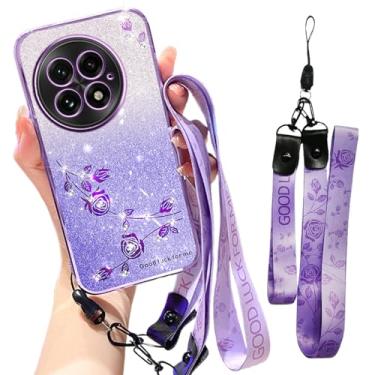 Imagem de Fofvccv Capa para OnePlus 13, glitter com cordão transversal para mulheres, flores brilhantes brilhantes floral capa transparente TPU macio com alça de ombro para OnePlus 13-YSS roxo