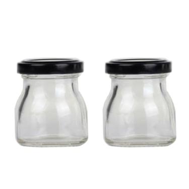 Imagem de 2 frascos pequenos de mel de 45,4 g com tampa preta, potes de vidro para iogurte, potes de pudim de vidro, potes de pedreiro, potes de especiarias, potes de conserva para geleia, vela de especiarias