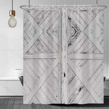 Imagem de Renaiss Cortina de chuveiro rústica de madeira branca para porta de celeiro de 182 x 182 cm, estilo ocidental, vintage, textura de madeira, tecido de fazenda, para decoração de banheiro, conjunto de
