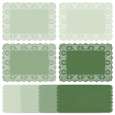 Imagem de FYSUIMU 100 peças de jogo americano de papel de renda gradiente verde sálvia tapete de mesa descartável retangular para festa de aniversário de casamento, configuração de mesa em casa, 35 x 25 cm