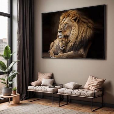 Imagem de Quadros decorativos com Moldura Sala Quarto Leão Leoa Família   Grande