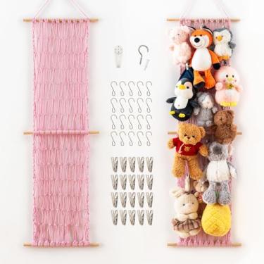 Imagem de Pretty Jolly Rede de armazenamento suspensa de algodão de 119 cm para animais de pelúcia com 20 clipes de metal, organizador de brinquedos de pelúcia, pequeno organizador de brinquedos para quarto de