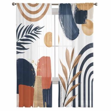 Imagem de Cortinas semitransparentes para janelas, arco nórdico moderno lua folha filtro de luz cortinas voile abstrato laranja azul bloco de cor privacidade tratamento de janela para quarto sala de estar, 213