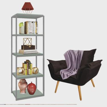 Imagem de Kit Poltrona Fatte com Manta Soft Lilás e Estante Livreiro Ferro Prata mdf Verde Oliva Suede Marrom - Ahz Móveis