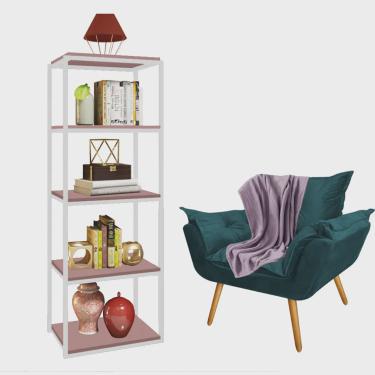 Imagem de Kit Poltrona Fatte com Manta Soft Lilás e Estante Livreiro Ferro Branco mdf Rose Suede Azul Turquesa - Ahz Móveis