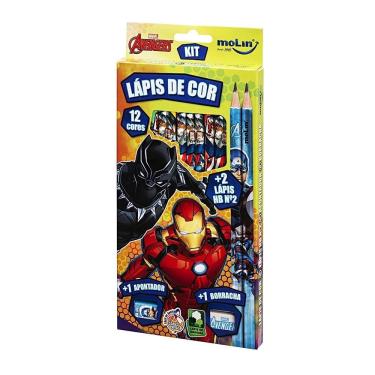 Imagem de Kit Lápis de Cor Avengers 12 Cores Temático com Apontador e Borracha