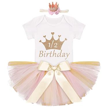 Imagem de IBTOM CASTLE Conjunto de roupas para bebês meninas 1/2 aniversário quebra bolo fantasia princesa + saias tutu + coroa recém-nascido fotografia conjunto, Dourado, 3-6 Months