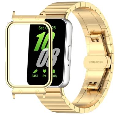 Imagem de QHBAMD Pulseira de metal compatível com Samsung Galaxy Fit 3 SM-R390, pulseira fina de aço inoxidável leve com fivela, capa protetora para Galaxy Fit 3 (dourada)