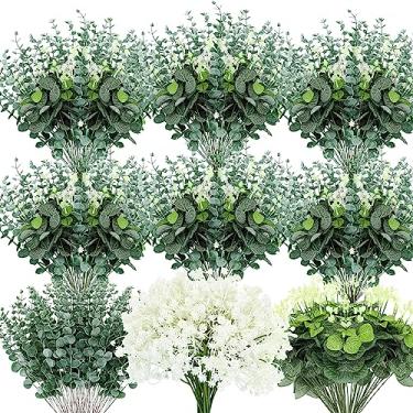 Imagem de Yuxung 200 peças, 3 tipos de flores artificiais mistas em massa, incluem 100 peças de flores respiratórias para bebês, 50 peças de hastes de folhas de eucalipto falso 50 peças de eucalipto de prata falso com semente para buquê de casamento decoração de casa