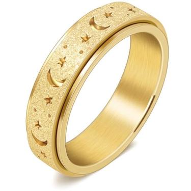 Imagem de DURSI Anel giratório feminino com lua e estrela, para ansiedade, aço inoxidável, brinquedo giratório (ouro 18K, tamanho 7), Aço inoxidável, Sem pedra preciosa