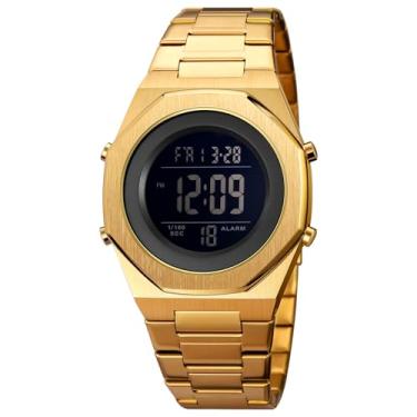 Imagem de zolohoni Relógio masculino digital de aço inoxidável, relógio masculino hexagonal, à prova d'água, com alarme, data e luz, Dourado, Digital, movimento de quartzo