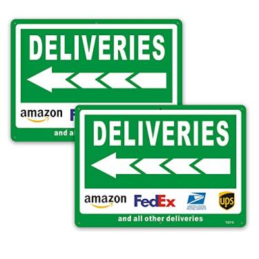 Imagem de TQYC Entrega com seta para a esquerda, instruções de entrega para placa FedEx Amazon UPS USPS DHL, pacote com 2, placa de alumínio livre de ferrugem de 35,5 x 25,4 cm, proteção UV e à prova de
