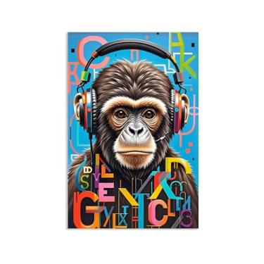 Imagem de SDYJ6GSW Impressão de arte de parede Banksy Macaco colorido com fones de ouvido arte em tela animal para sala de estar escritório decoração de parede emoldurada pronta para pendurar decoração de