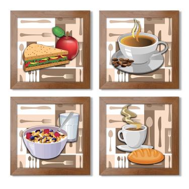 Imagem de Quadro Decorativo Cozinha Café Manhã Padaria 20X20Cm Kit 4Un Titulo Moldura Ocre