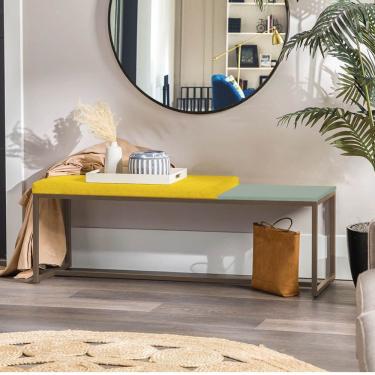Imagem de Banco Recamier Puff 160cm Industrial Marrom Corino Amarelo Tampo Quadrado Mdf Verde