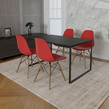 Imagem de Mesa Industrial Base De Ferro Preto 137X90 Tampo Preto 4 Cadeiras Eiffel Madeira Assento Vermelho