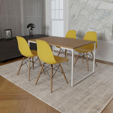 Imagem de Mesa Industrial Base Ferro Branco Tampo 137X90 Amêndoa 4 Cadeiras Madeira Assento Amarelo Marrom
