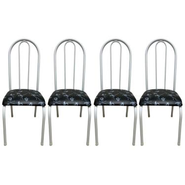 Imagem de Kit 4 Cadeiras Sala Jantar Aço Tubolar Cozinha Courino Junco Cor Do Assento:preto Florido-branco