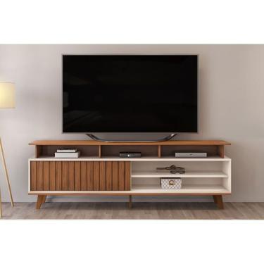 Imagem de Rack Bancada P/tv Até 70 Polegadas Flow Ripado C/ Nichos E Pés 180x60cm Freijó/off White - Dj Móveis