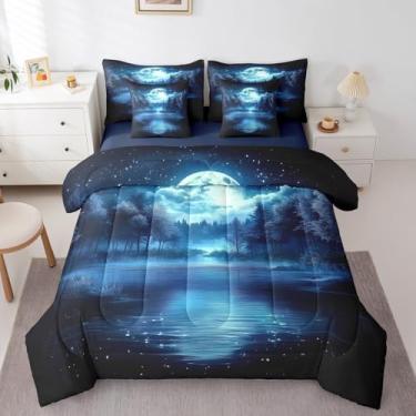 Imagem de jejeloiu Conjunto de edredom Queen com paisagem natural e árvore da lua, para meninos, meninas, adolescentes, céu noturno estrelado em uma bolsa, respirável, natureza, decoração de quarto