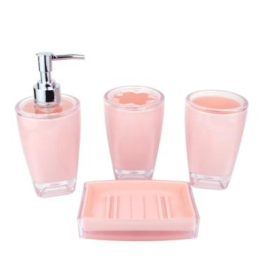Imagem de JYXR HOME&LIVING Conjunto De Acessórios Para Banheiro Com Dispensador Sabonete Acrílico, Porta-Escovas Dentes, Copo, Prato, Rosa, 4 Peças (Rosa)
