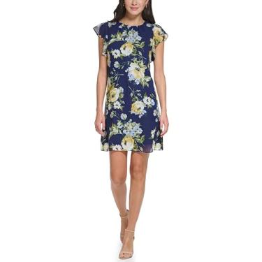 Imagem de Jessica Howard Vestido feminino primavera manga babados gola joia, Azul-marinho/amarelo, 48