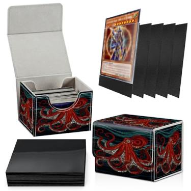 Imagem de SROJDHFJB Card Deck Box Plus 100 Counts Black Card Sleeves, Red Octopus for Collectible MTG TCG CCG Card Storage Box Horizontal Holds 100+ Single Sleeved Cards, Magic Game Cards Organizer