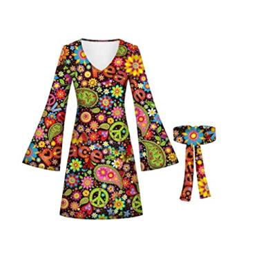 Imagem de Amfcv Fantasia feminina hippie vintage dos anos 70 com faixa de cabeça para festa, B01, G