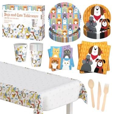 Imagem de EWI Designer Conjunto De Talheres Descartáveis Para Festa Animais Estimação American Design 241Plus Cães E Gatos, Kit 24 Convidados, Toalha Mesa, Pratos Papel, Copos, Guardanapos, Seguros Alimentos