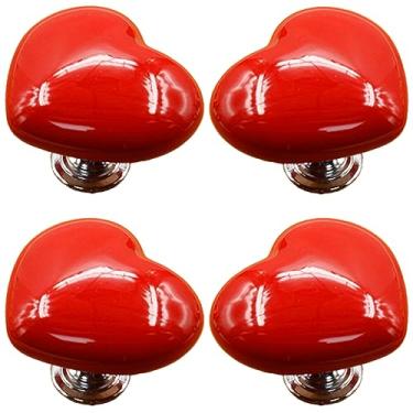 Imagem de Tverghvad Puxadores de cômoda de coração de cerâmica, [pacote com 4] adoráveis puxadores e puxadores de armário em forma de coração vermelho, maçanetas de porta de móveis de cozinha para gaveta de