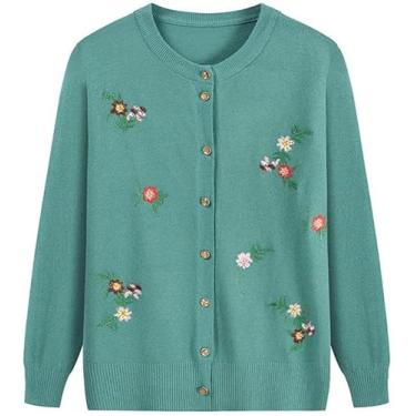 Imagem de Fwshagmao Wome's Flowers Cardigan Gree Old Lady Casual Top Gradma Wear Cardigan Vintage Bordado Floral Jaqueta Las Casual Jumper Para Inverno Autum, L