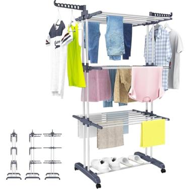 Imagem de Varal de Chão 3 Andares, Varal de Chão Organizador Retrátil Dobrável 3 Andares Vertical Portátil Compacto e Rodinhas para Roupas Íntimas e Pequenas Peças