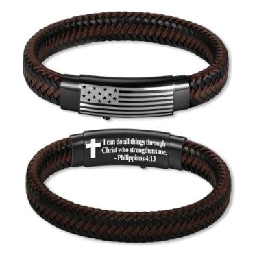 Imagem de KLIFOWDY Pulseira masculina de couro com bandeira americana e versículo bíblico, pulseira cruzada, joia cristã, presente para homens, First Communion, Sem Pedra Preciosa