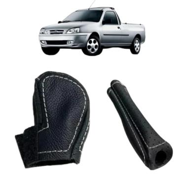 Imagem de Revestimento Couro Legitimo Manopla Câmbio Manual E Alavanca Freio De mão Compatível Com Courier 2000 Á 2010 (COURO PRETO - COSTURA PRATA)