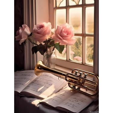 Imagem de PUAGEMTI Conjunto de pintura em aquarela de trompete 5D para adultos, kit de arte de diamante para iniciantes para decoração de parede de presente, 30,5 x 40,6 cm