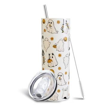 Imagem de Aokoyi Copo skinny Halloween Ghost de 590 ml com alça e canudo, linda flor assustadora copo isolado a vácuo de parede dupla de aço inoxidável, presentes de Natal para mulheres e meninas